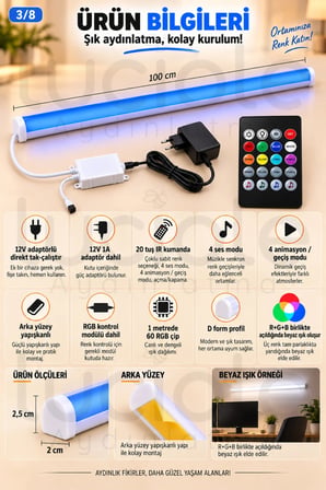 Luciole 100 CM ColorBar RGB LED Bar 12V 12W 20 Tuş Sese Duyarlı Kumandalı Adaptörlü Yapışkanlı Aydınlatma