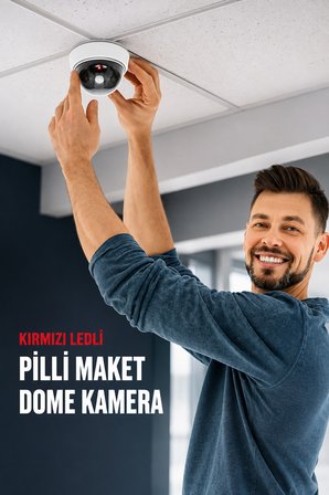 Kırmızı LEDli Pilli Maket Güvenlik Kamerası Dome Tip Maket Kamera İç Mekan Duvar ve Tavan Maket Kamera