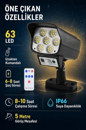 63 LED Solar Kamera Görünümlü Lamba Hareket Sensörlü Kumandalı 3 Mod IP66 Dış Mekan Duvar Aydınlatma 5 Metre