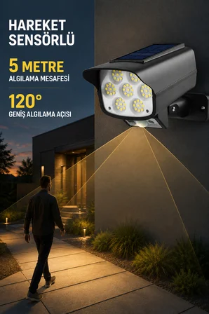 63 LED Solar Kamera Görünümlü Lamba Hareket Sensörlü Kumandalı 3 Mod IP66 Dış Mekan Duvar Aydınlatma 5 Metre