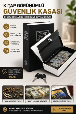 Kitap Görünümlü Metal Kasa Kumbara Gizli Para Biriktirme ve Değerli Eşya Saklama Kutusu Güvenlik Kasa 115x85x45 mm