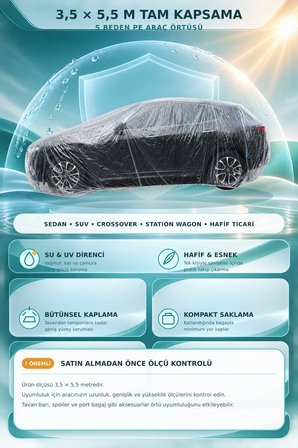 Otomobil Brandası S Beden 3.5x5.5 Metre PE Suya ve UV'ye Dayanıklı Dört Mevsim Koruyucu Araç Örtüsü