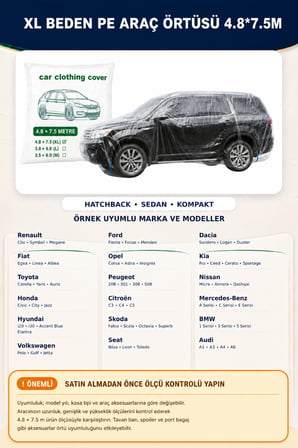 Otomobil Brandası XL Beden 4.8x7.5 Metre Su Geçirmez UV Korumalı Dört Mevsim PE Koruyucu Araç Örtüsü