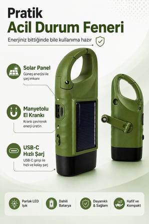 Solar Panelli Şarjlı Dinamolu Powerbank Fener El Kranklı USB-C Kamp ve Acil Durum Lambası Karabinalı