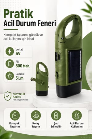 Solar Panelli Şarjlı Dinamolu Powerbank Fener El Kranklı USB-C Kamp ve Acil Durum Lambası Karabinalı