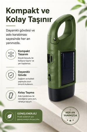 Solar Panelli Şarjlı Dinamolu Powerbank Fener El Kranklı USB-C Kamp ve Acil Durum Lambası Karabinalı