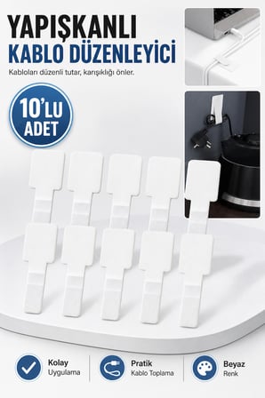10’lu Beyaz Yapışkanlı Kablo Düzenleyici Tutucu Klips Masa Araç Ofis Kablo Sabitleyici