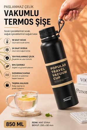 Paslanmaz Çelik 850 ML Vakumlu Termos Şişe 304 Çelik Süzgeçli Mat Siyah Kamp Ofis Seyahat Piknik Ev