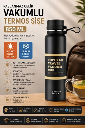 Paslanmaz Çelik 850 ML Vakumlu Termos Şişe 304 Çelik Süzgeçli Mat Siyah Kamp Ofis Seyahat Piknik Ev