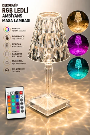 RGB LED Dekoratif Ambiyans Masa Gece Lambası Uzaktan Kumandalı Şarjlı Dokunmatik Abajur Kristal