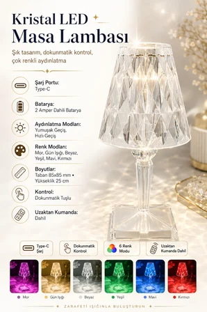 RGB LED Dekoratif Ambiyans Masa Gece Lambası Uzaktan Kumandalı Şarjlı Dokunmatik Abajur Kristal