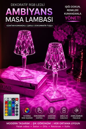 RGB LED Dekoratif Ambiyans Masa Gece Lambası Uzaktan Kumandalı Şarjlı Dokunmatik Abajur Kristal
