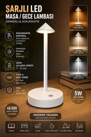 Şarjlı USB'li LED'li Beyaz Gece Lambası – 3 Farklı Işık Modlu Dokunmatik Dimmerli Dekoratif Metal Masa Lambası