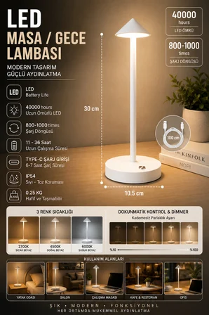Şarjlı USB'li LED'li Beyaz Gece Lambası – 3 Farklı Işık Modlu Dokunmatik Dimmerli Dekoratif Metal Masa Lambası
