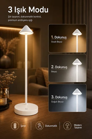 Şarjlı USB'li LED'li Beyaz Gece Lambası – 3 Farklı Işık Modlu Dokunmatik Dimmerli Dekoratif Metal Masa Lambası