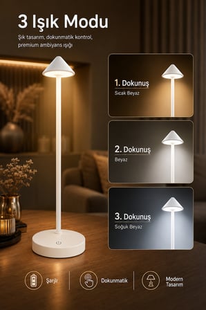 Şarjlı USB'li LED'li Siyah Gece Lambası – 3 Farklı Işık Modlu Dokunmatik Dimmerli Dekoratif Metal Masa Lambası