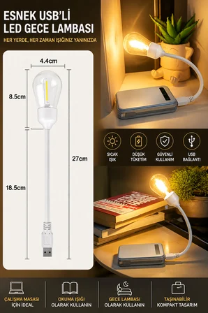 Esnek Usb'Li Led Gece Lambası Çalışma Okuma Masa Lambası Powerbank Uyumlu Taşınabilir Ultra Hafif Beyaz