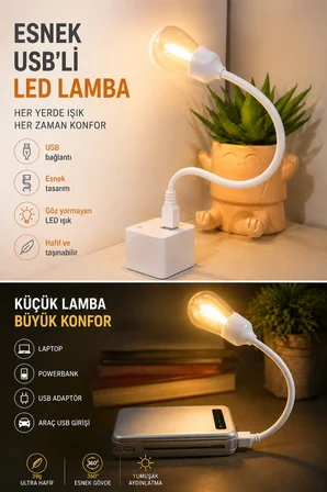 Esnek Usb'Li Led Gece Lambası Çalışma Okuma Masa Lambası Powerbank Uyumlu Taşınabilir Ultra Hafif Beyaz