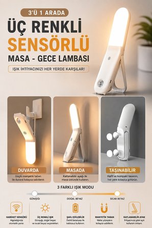Şarjlı Sensörlü LED Gece Lambası 3 Renk Dokunmatik Manyetik Askılı Masaüstü Dolap Lambası Sensörlü