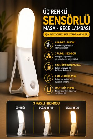 Şarjlı Sensörlü LED Gece Lambası 3 Renk Dokunmatik Manyetik Askılı Masaüstü Dolap Lambası Sensörlü