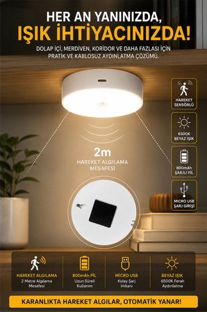 Hareket Sensörlü Şarjlı Dolap İçi LED Aydınlatma Lambası 6500K Kablosuz Manyetik Gece Lambası Beyaz