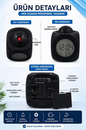 Duvara Yansıtan Projeksiyonlu Dijital Çalar Saat Konuşan Termometreli LED Alarm Masa Saati Pilli & kablolu Kullanım