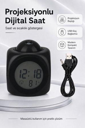 Duvara Yansıtan Projeksiyonlu Dijital Çalar Saat Konuşan Termometreli LED Alarm Masa Saati Pilli & kablolu Kullanım