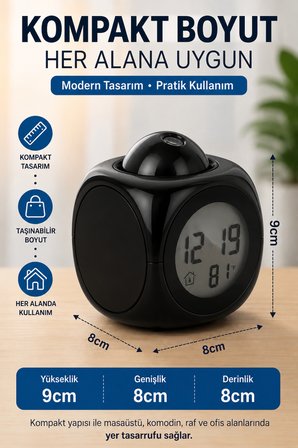 Duvara Yansıtan Projeksiyonlu Dijital Çalar Saat Konuşan Termometreli LED Alarm Masa Saati Pilli & kablolu Kullanım