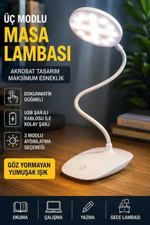 LED Masa Lambası USB Şarjlı Dokunmatik Akrobat Çalışma Lambası 3 Modlu Göz Yormayan Işık Ultra Hafif