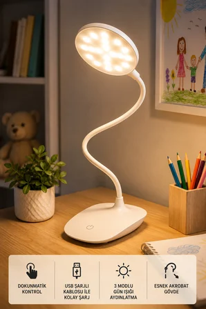 LED Masa Lambası USB Şarjlı Dokunmatik Akrobat Çalışma Lambası 3 Modlu Göz Yormayan Işık Ultra Hafif