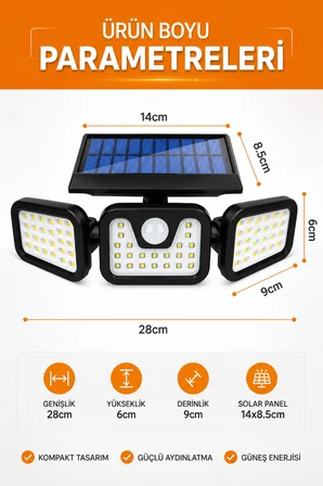 Solar Bahçe Aydınlatma 90 LED Hareket Sensörlü 3 Modlu Güneş Enerjili Dış Mekan Duvar Lambası