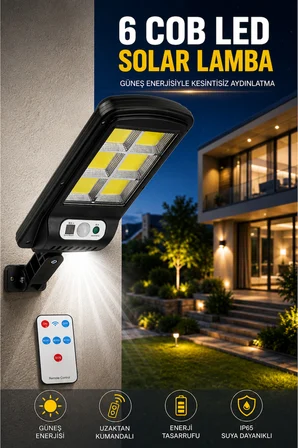 Hareket Sensörlü Solar Duvar Lambası 6 COB LED 3 Modlu Uzaktan Kumandalı Bahçe Dış Mekan Aydınlatma