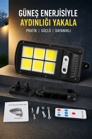 Hareket Sensörlü Solar Duvar Lambası 6 COB LED 3 Modlu Uzaktan Kumandalı Bahçe Dış Mekan Aydınlatma