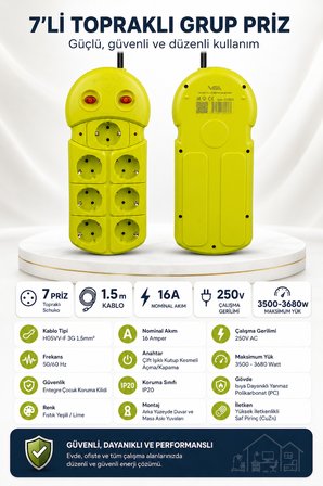 7'li Grup Priz 1.5 Metre Çift Anahtarlı Topraklı Fıstık Yeşili Uzatma Kablosu 16A 3680W Ev Ofis Tipi