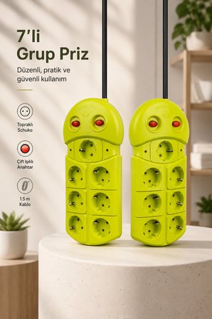 7'li Grup Priz 1.5 Metre Çift Anahtarlı Topraklı Fıstık Yeşili Uzatma Kablosu 16A 3680W Ev Ofis Tipi
