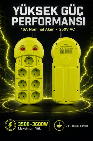 7'li Grup Priz 1.5 Metre Çift Anahtarlı Topraklı Fıstık Yeşili Uzatma Kablosu 16A 3680W Ev Ofis Tipi
