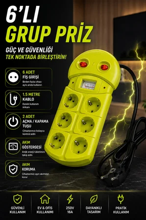 6'lı Grup Priz 1.5 Metre Çift Anahtarlı Akım Korumalı Uzatma Kablosu 16A 250V Ev Ofis Tipi 6 Prizli