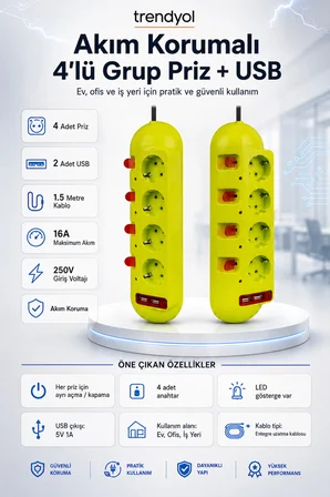 4'lü Grup Priz 2 USB'li 1.5 Metre Ayrı Anahtarlı Akım Korumalı Uzatma Kablosu 16A 250V Ev Ofis Tipi