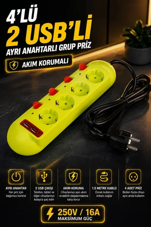 4'lü Grup Priz 2 USB'li 1.5 Metre Ayrı Anahtarlı Akım Korumalı Uzatma Kablosu 16A 250V Ev Ofis Tipi