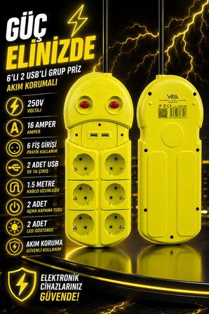 6'lı Grup Priz 2 USB'li 1.5 Metre Akım Korumalı Çift Anahtarlı Uzatma Kablosu 16A 250V Ev Ofis