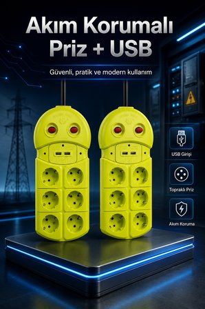 6'lı Grup Priz 2 USB'li 1.5 Metre Akım Korumalı Çift Anahtarlı Uzatma Kablosu 16A 250V Ev Ofis