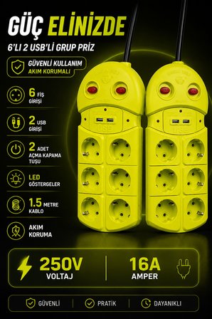 6'lı Grup Priz 2 USB'li 1.5 Metre Akım Korumalı Çift Anahtarlı Uzatma Kablosu 16A 250V Ev Ofis