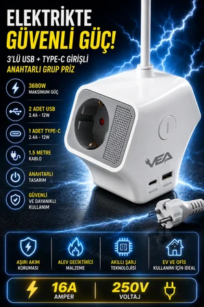 3'lü Grup Priz 2 USB Type-C Girişli Ayrı Anahtarlı 1.5 Metre Uzatma Kablosu 16A 3680W Ev Ofis Duvar Monteli