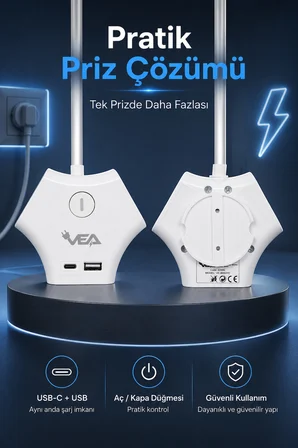3'lü Grup Priz 2 USB Type-C Girişli Ayrı Anahtarlı 1.5 Metre Uzatma Kablosu 16A 3680W Ev Ofis Duvar Monteli