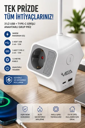 3'lü Grup Priz 2 USB Type-C Girişli Ayrı Anahtarlı 1.5 Metre Uzatma Kablosu 16A 3680W Ev Ofis Duvar Monteli