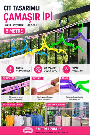 5 Metre Taşınabilir Çamaşır İpi Kancalı Rüzgar Önleyici Kamp Balkon Çamaşır İpi Askılı Kurutma İpi