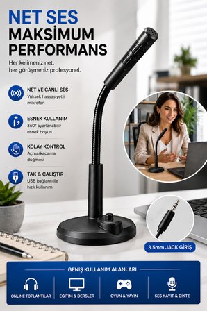 Masaüstü PC Mikrofonu 3.5 mm Jack Esnek Boyunlu Açma Kapama Tuşlu Oyun Yayın ve Ders Mikrofonu Siyah Tak-Çalıştır