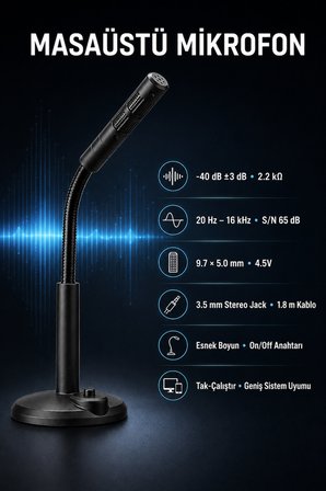 Masaüstü PC Mikrofonu 3.5 mm Jack Esnek Boyunlu Açma Kapama Tuşlu Oyun Yayın ve Ders Mikrofonu Siyah Tak-Çalıştır