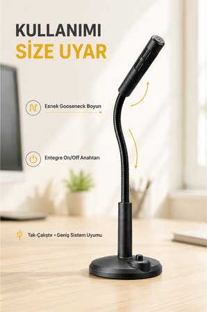 Masaüstü PC Mikrofonu 3.5 mm Jack Esnek Boyunlu Açma Kapama Tuşlu Oyun Yayın ve Ders Mikrofonu Siyah Tak-Çalıştır