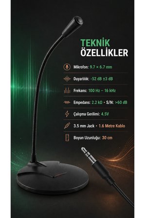 Gürültü Azaltıcı Siyah Masaüstü Bilgisayar Mikrofonu 3.5 mm Jack Esnek Boyunlu Oyun Toplantı Çoklu Kullanım